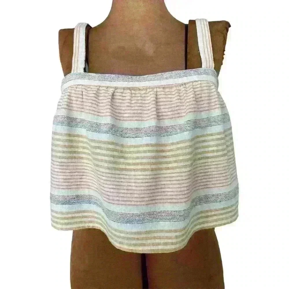 Kaisely Women's Size MED Cropped 100% Cotton Striped Yellow Pink Straps - Picture 2 of 8
